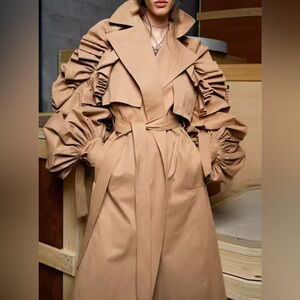 NEW $195 London Britberry Tan Ruffle Sleeve Trench Coat